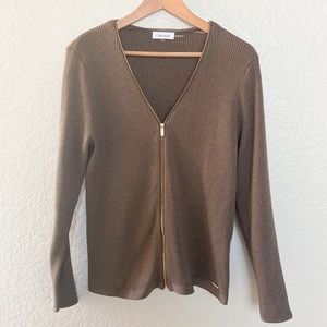 CALVIN KLEIN V-neck Sweater Ribbed Zipper, Large